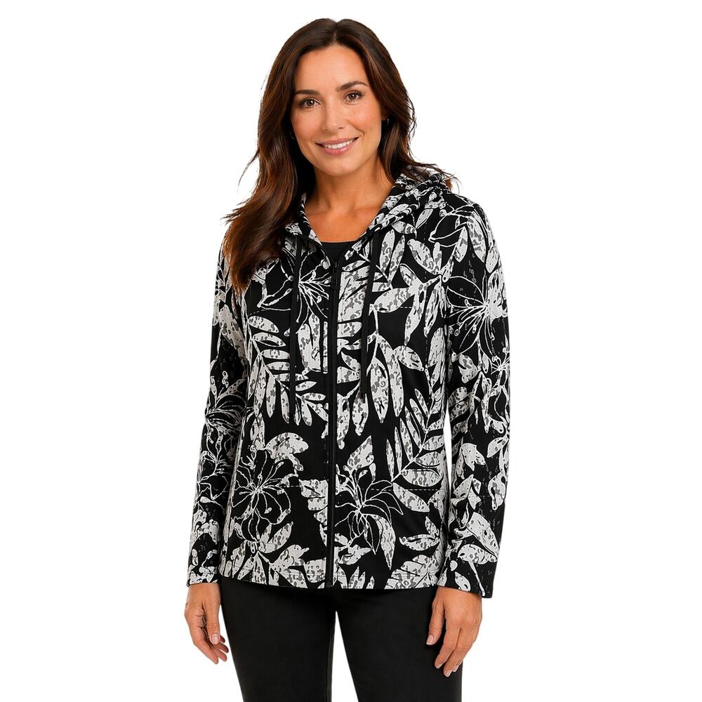 CHICO'S Women's Lightweight Zip Front Lace Hooded Jacket Black/White Size 0/S/4